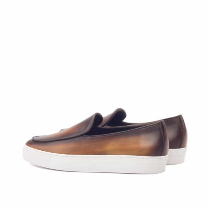 Tan Brown Patina Finish Leather Slip On Loafer Sneaker for Men. White Comfortable Cup Sole.