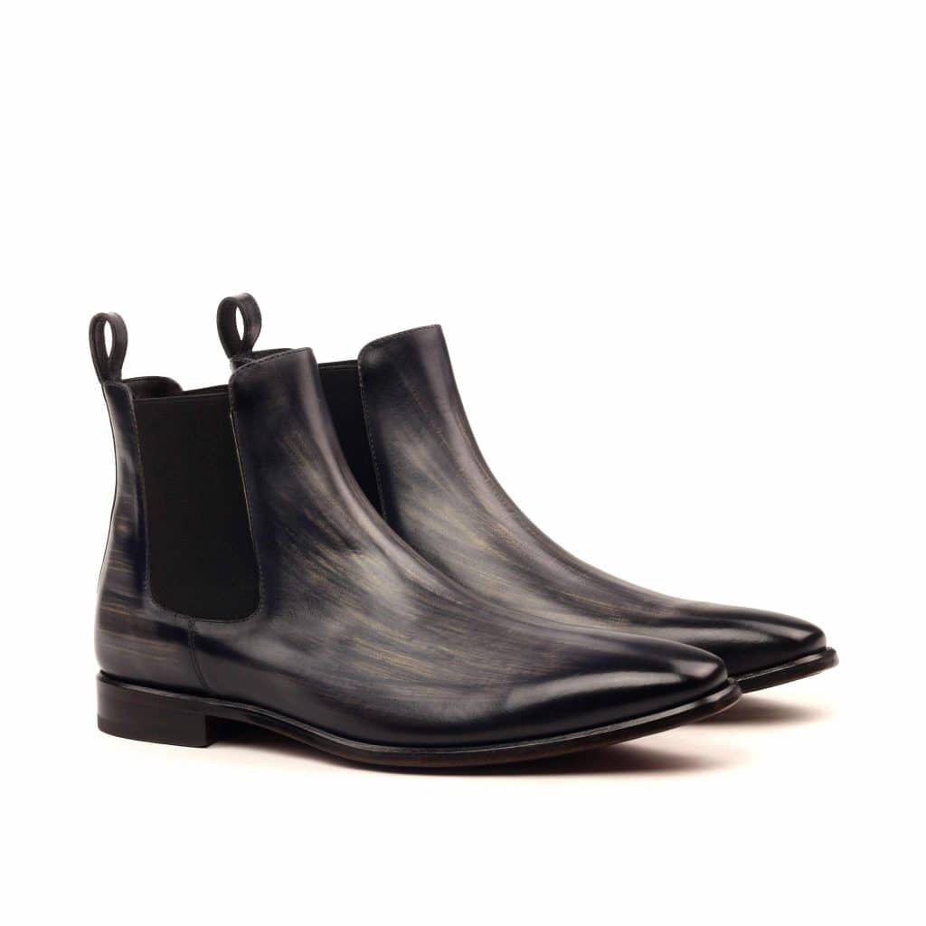 Grey Patina Finish Leather Formal Chelsea Boot Slip On Shoes for Men with Leather Sole. Goodyear Welted Construction Available.