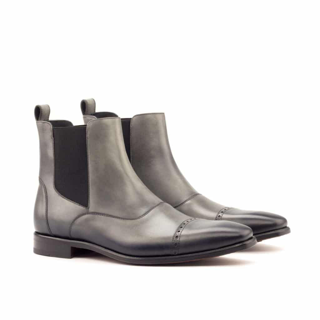 Grey Patina Finish Leather Formal Chelsea Boot Slip On Shoes for Men with Leather Sole. Goodyear Welted Construction Available.