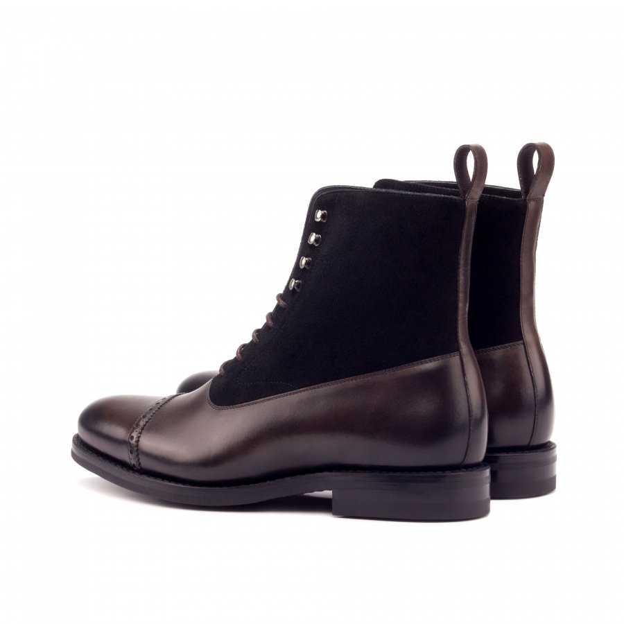 Dark Brown Leather Brown Suede Formal Lace Up Toe Cap Boot Shoes for Men with Leather Sole. Goodyear Welted Construction Available.