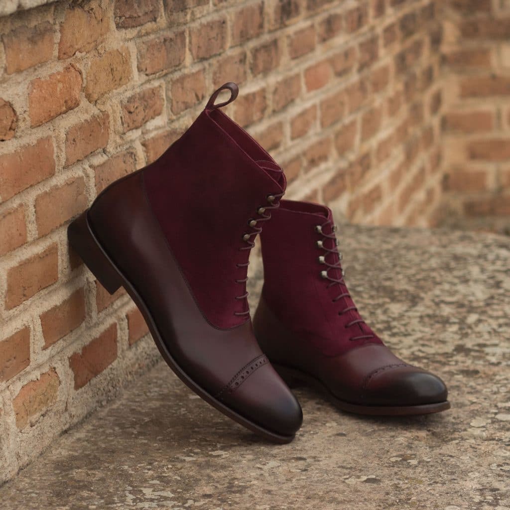 Burgundy Leather Suede Formal Lace Up Toe Cap Boot Shoes for Men with Leather Sole. Goodyear Welted Construction Available.