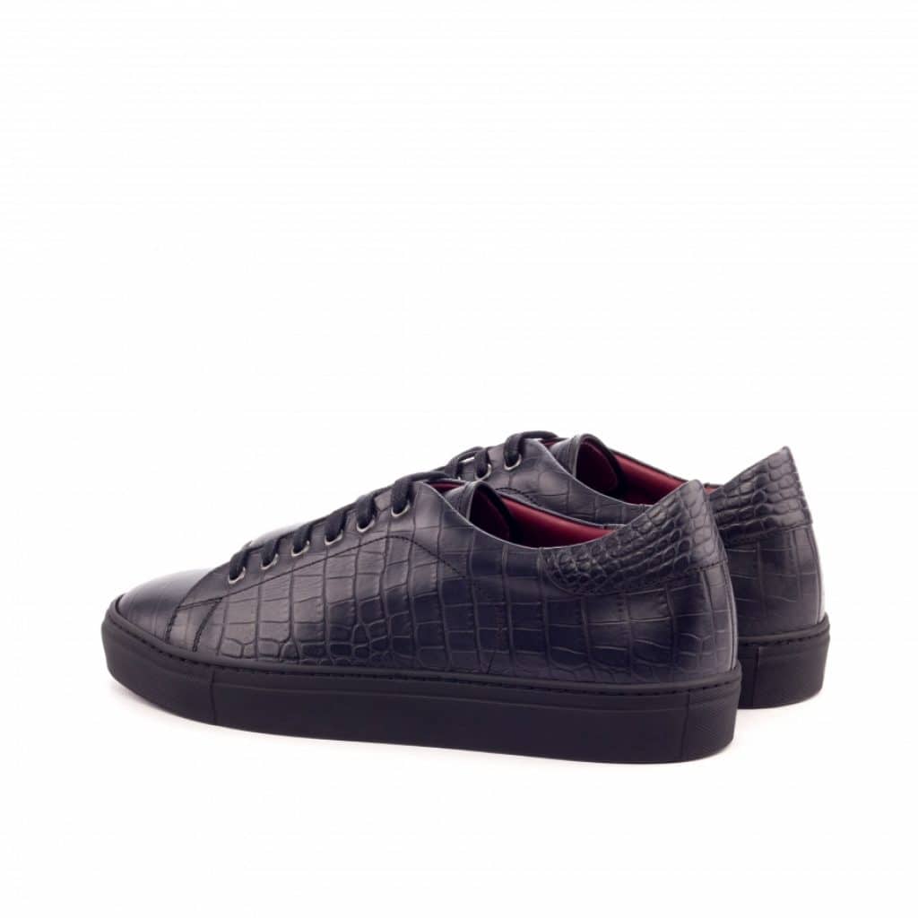 Black Croco Print Leather Low Top Lace Up Sneaker for Men. Black Comfortable Cup Sole.