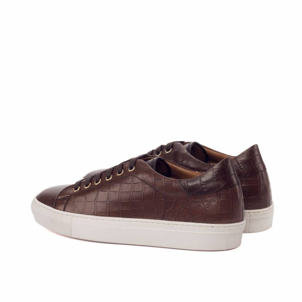 Dark Brown Croco Print Leather Low Top Lace Up Sneaker for Men. White Comfortable Cup Sole.