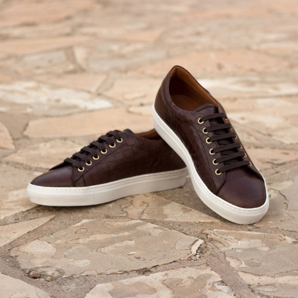 Dark Brown Croco Print Leather Low Top Lace Up Sneaker for Men. White Comfortable Cup Sole.