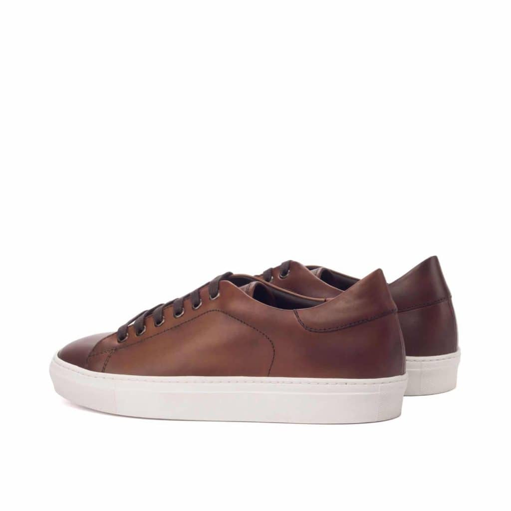 Dark Brown Leather Low Top Lace Up Sneaker for Men. White Comfortable Cup Sole.