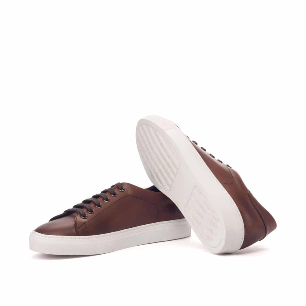 Dark Brown Leather Low Top Lace Up Sneaker for Men. White Comfortable Cup Sole.