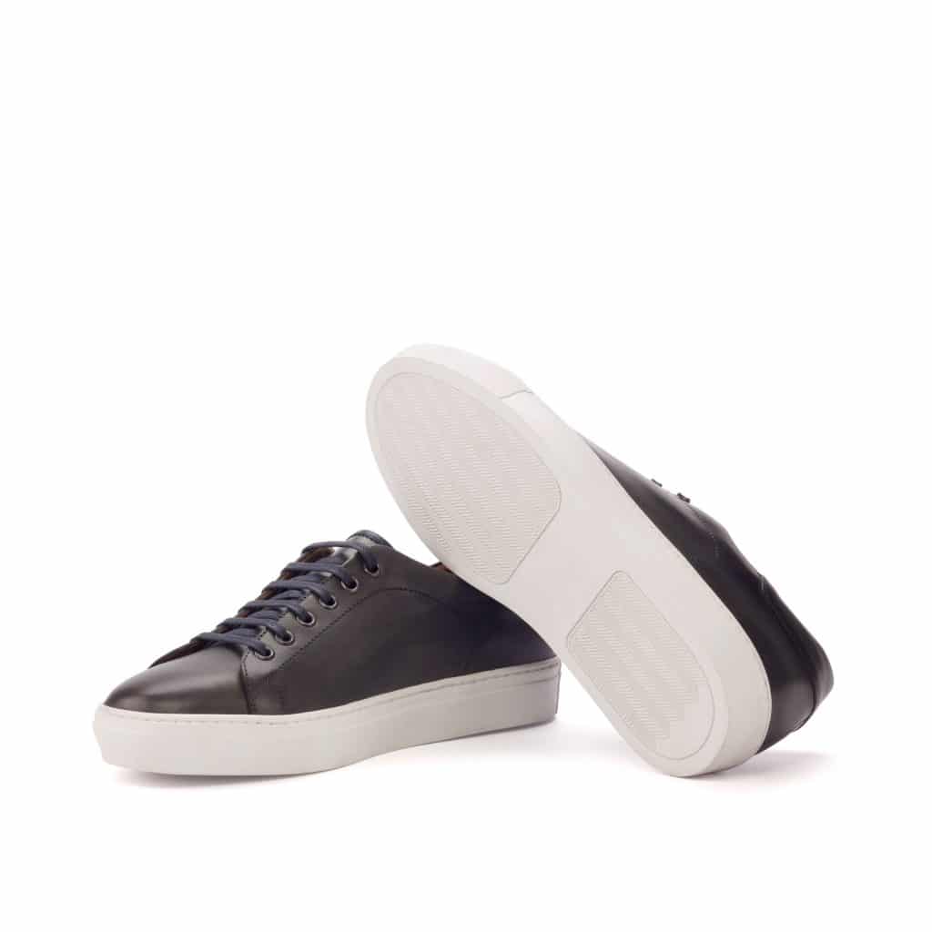 Black Leather Low Top Lace Up Sneaker for Men. White Comfortable Cup Sole.