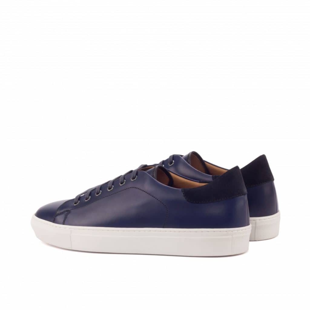 Navy Blue Patina Finish Leather Low Top Lace Up Sneaker for Men. White Comfortable Cup Sole.