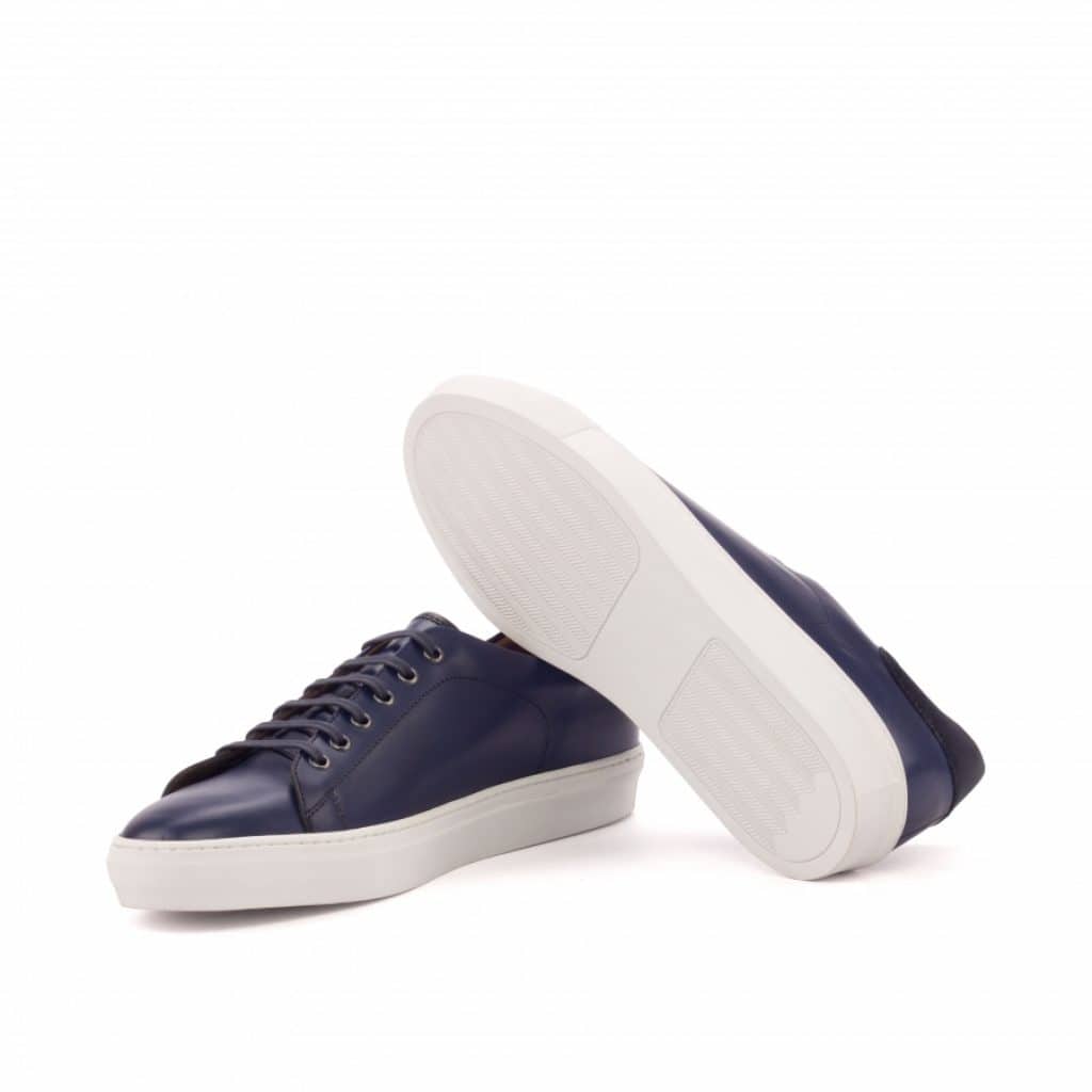 Navy Blue Patina Finish Leather Low Top Lace Up Sneaker for Men. White Comfortable Cup Sole.