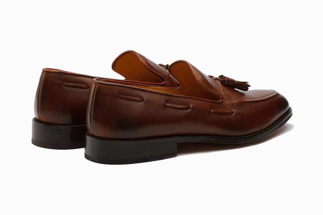 Brown Leather Formal Tassel Loafer Slip On Shoes for Men with Leather Sole. Goodyear Welted Construction Available.