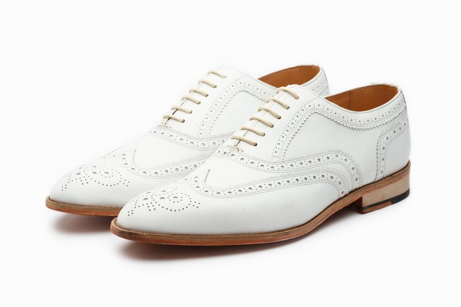 White Leather Formal Oxford Wingtip Brogue Lace Up Shoes for Men with Leather Sole. Goodyear Welted Construction Available.