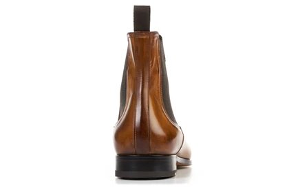 Light Tan Leather Formal Chelsea Boot Slip On Shoes for Men with Leather Sole. Goodyear Welted Construction Available.