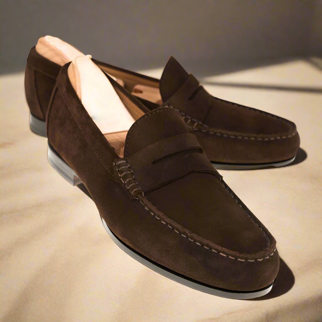 Dark Brown Suede Leather Formal Penny Loafer Slip On Shoes for Men with Leather Sole. Goodyear Welted Construction Available.