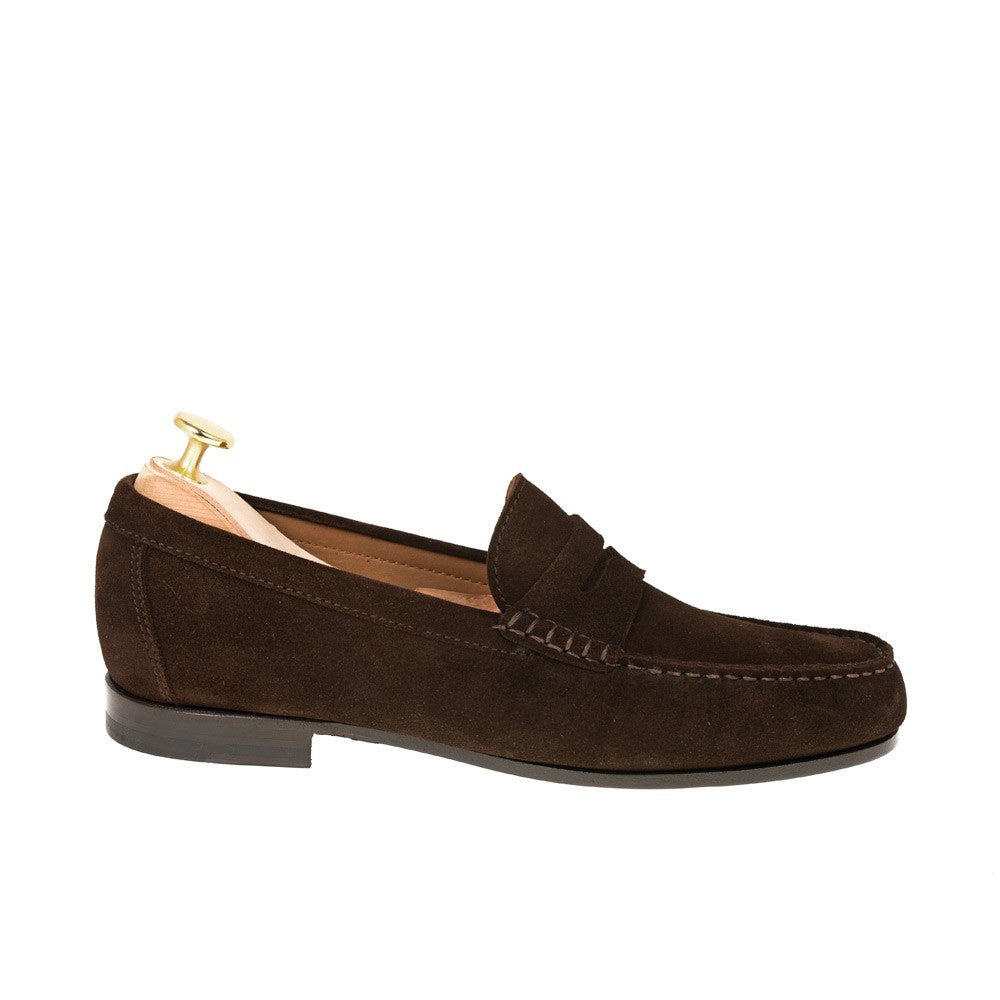 Dark Brown Suede Leather Formal Penny Loafer Slip On Shoes for Men with Leather Sole. Goodyear Welted Construction Available.