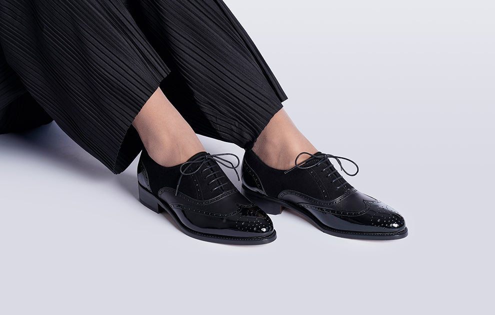 Black Patent and Suede Leather Oxford Shoes for Women The Royale