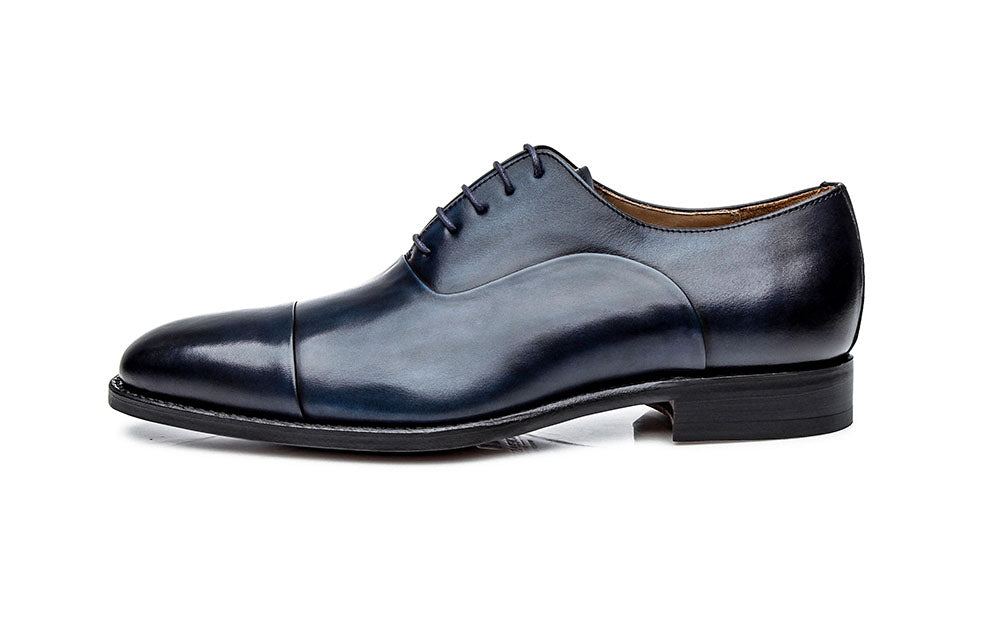 Navy Blue Patina Finish Leather Formal Toe Cap Oxford Lace Up Shoes for Men with Leather Sole. Goodyear Welted Construction Available.