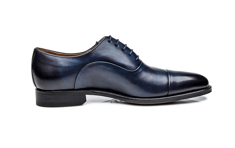 Navy Blue Patina Finish Leather Formal Toe Cap Oxford Lace Up Shoes for Men with Leather Sole. Goodyear Welted Construction Available.