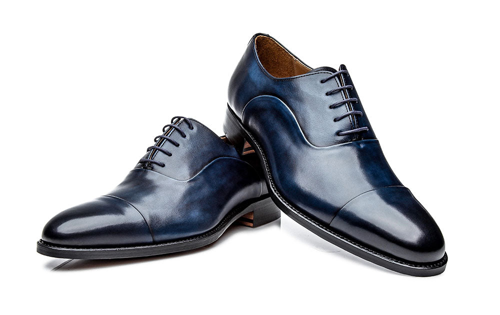 Navy Blue Patina Finish Leather Formal Toe Cap Oxford Lace Up Shoes for Men with Leather Sole. Goodyear Welted Construction Available.