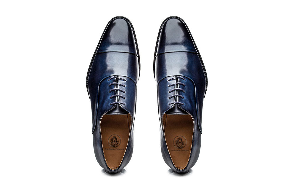 Navy Blue Patina Finish Leather Formal Toe Cap Oxford Lace Up Shoes for Men with Leather Sole. Goodyear Welted Construction Available.