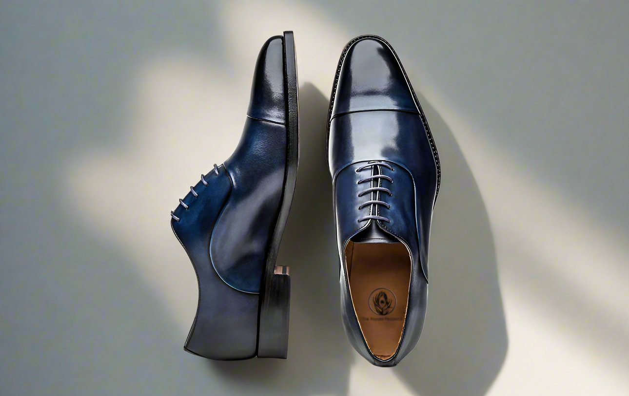 Navy Blue Patina Finish Leather Formal Toe Cap Oxford Lace Up Shoes for Men with Leather Sole. Goodyear Welted Construction Available.