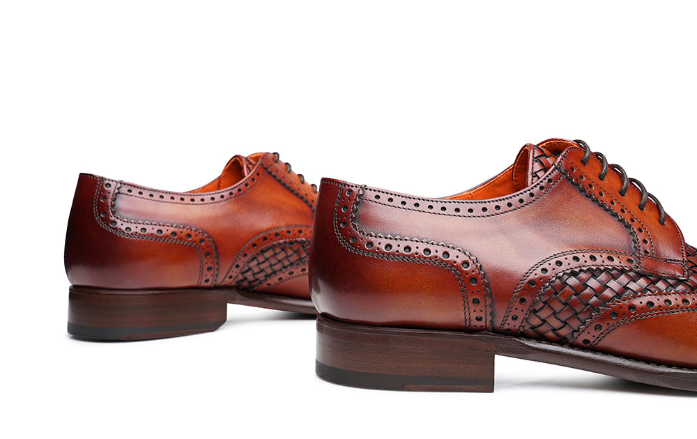 Tan Patina Finish Woven Braided Leather Formal Oxford Wingtip Brogue Lace Up Shoes for Men with Leather Sole. Goodyear Welted Construction Available.