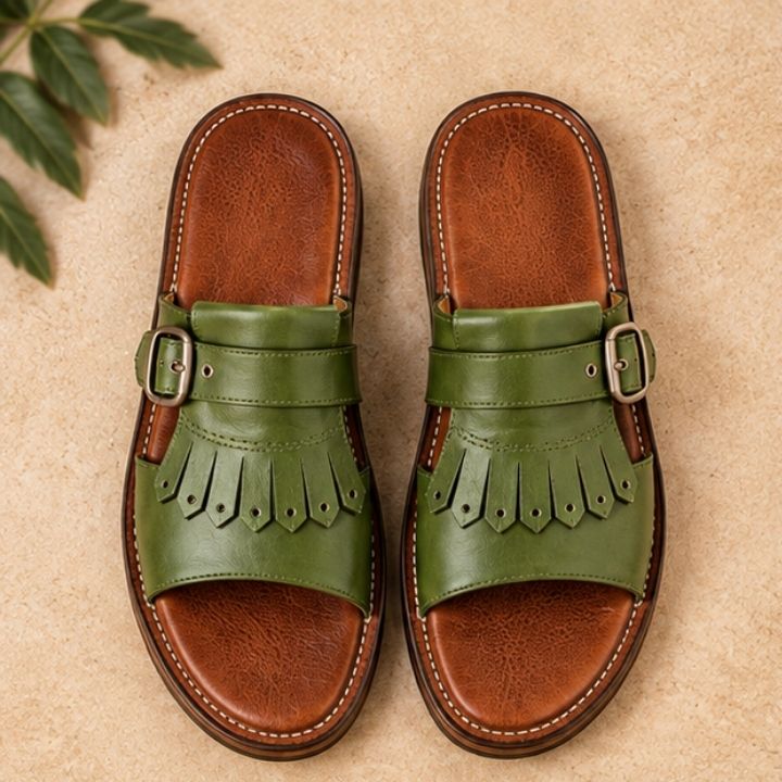 Zal Green Leather Kiltie Buckle Sandal