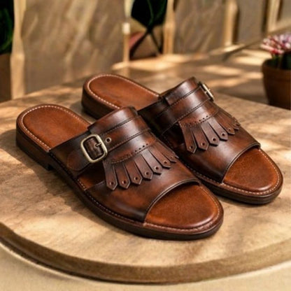 Zal Brown Patina Leather Kiltie Buckle Sandal