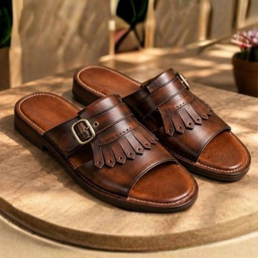 Zal Brown Patina Leather Kiltie Buckle Sandal