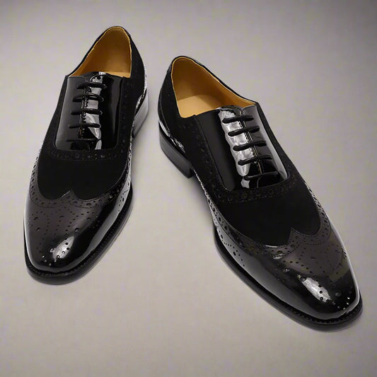 Black Patent Leather Suede Formal Wingtip Oxford Brogue Lace Up Shoes for Men. Manmade Comfortable Sole. Customization Available.