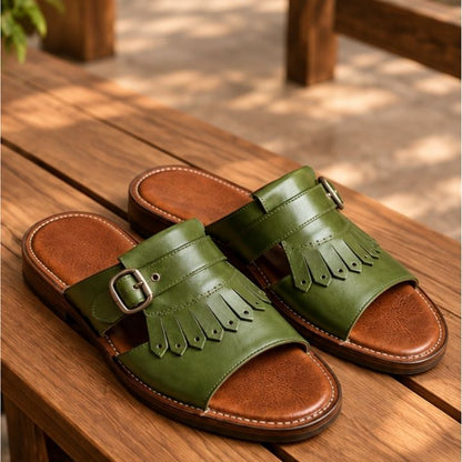 Zal Green Leather Kiltie Buckle Sandal