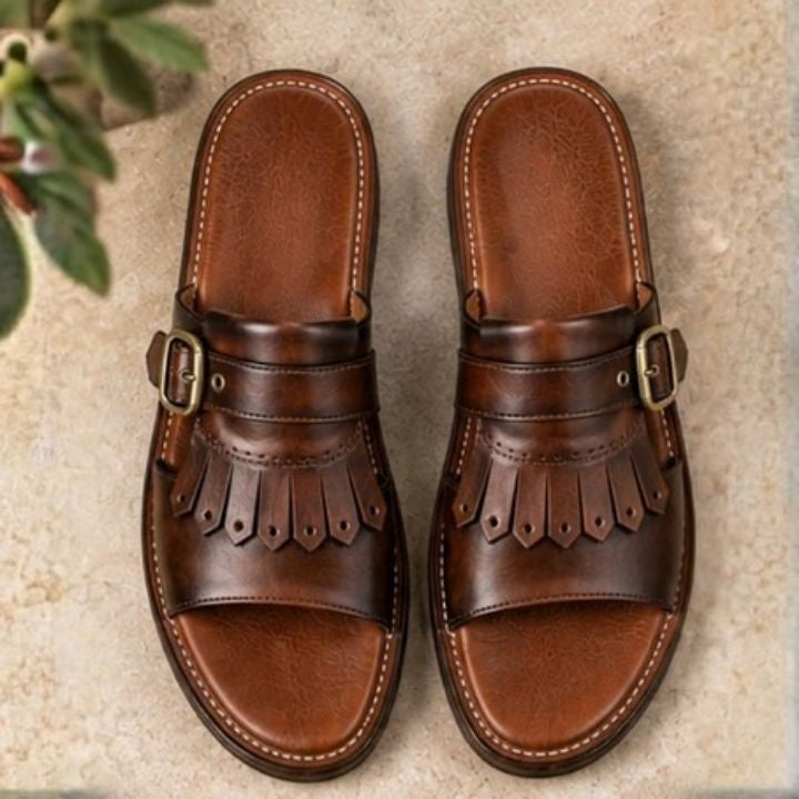 Zal Brown Patina Leather Kiltie Buckle Sandal