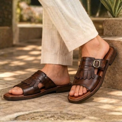 Zal Brown Patina Leather Kiltie Buckle Sandal