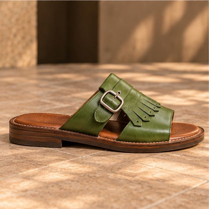 Zal Green Leather Kiltie Buckle Sandal