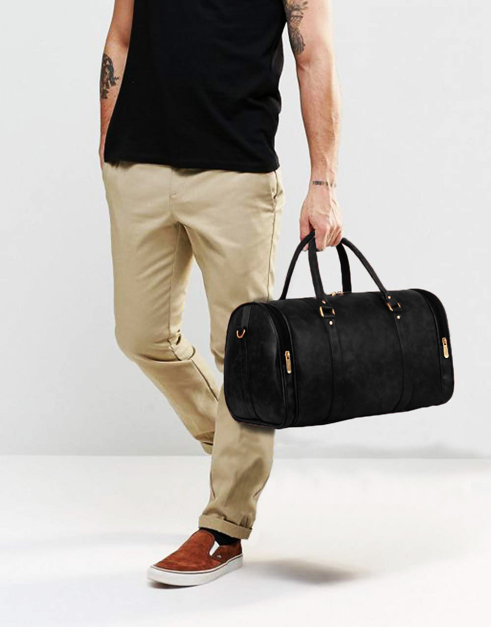Black Antique Vegan Leather Duffel Bag