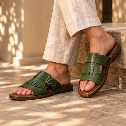Zal Green Leather Kiltie Buckle Sandal