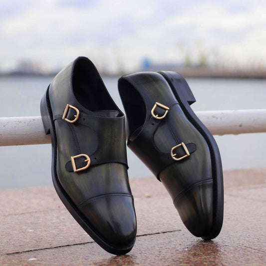 Mathew Olive Green Patina Toecap Double Monk Strap