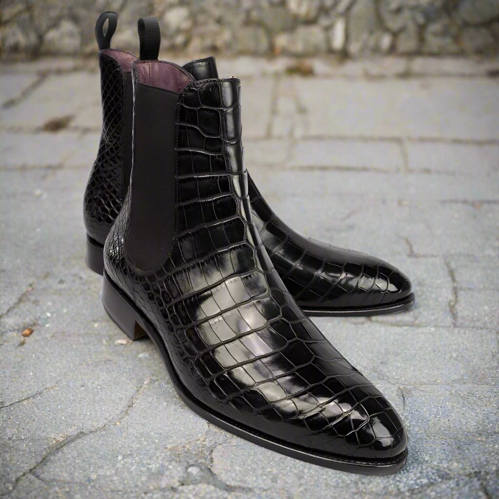 Black Croco Print Leather Chelsea Boot for Men|The Royale Peacock⭐⭐⭐⭐⭐