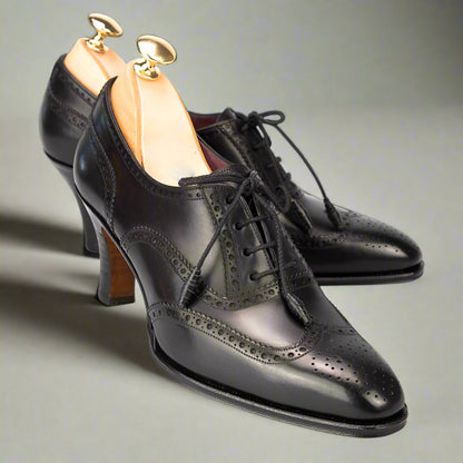 Black Leather Lace Up Oxford Heel Shoes for Women – The Royale Peacock