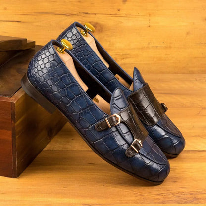 Paul Navy Blue Croco Print Monk Loafer