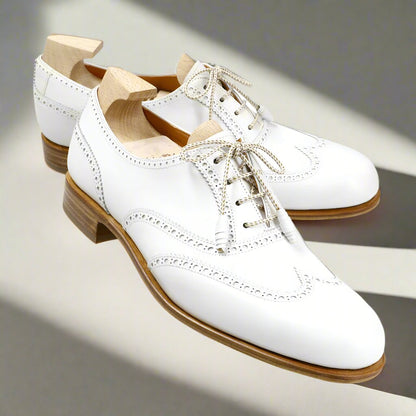 white leather dress shoes women Handmade Women's Genuine White Leather Oxford Brogue Lace up Ribbon Shoes