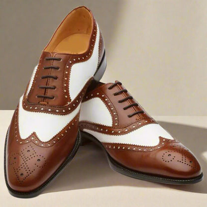 Brown White Leather Brogue Oxford Shoes for Men | The Royale Peacock Brown White Leather Brogue Oxford Shoes for Men | The Royale Peacock