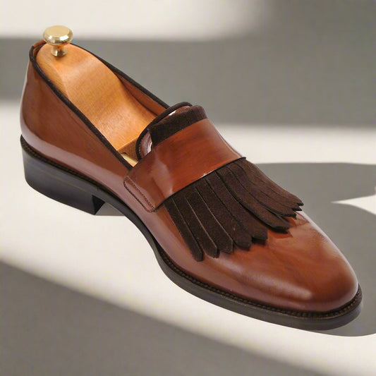 Tan Brown Leather Suede Formal Frill Penny Loafer Slip On Shoes for Men with Leather Sole. Goodyear Welted Construction Available.