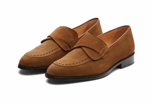 Tan Leather Suede Formal Penny Loafer Slip On Shoes for Men with Leather Sole. Goodyear Welted Construction Available.