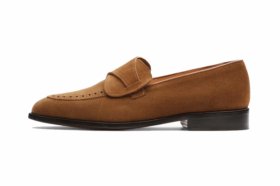 Tan Leather Suede Formal Penny Loafer Slip On Shoes for Men with Leather Sole. Goodyear Welted Construction Available.
