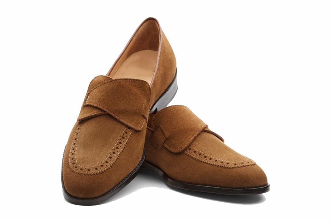 Tan Leather Suede Formal Penny Loafer Slip On Shoes for Men with Leather Sole. Goodyear Welted Construction Available.