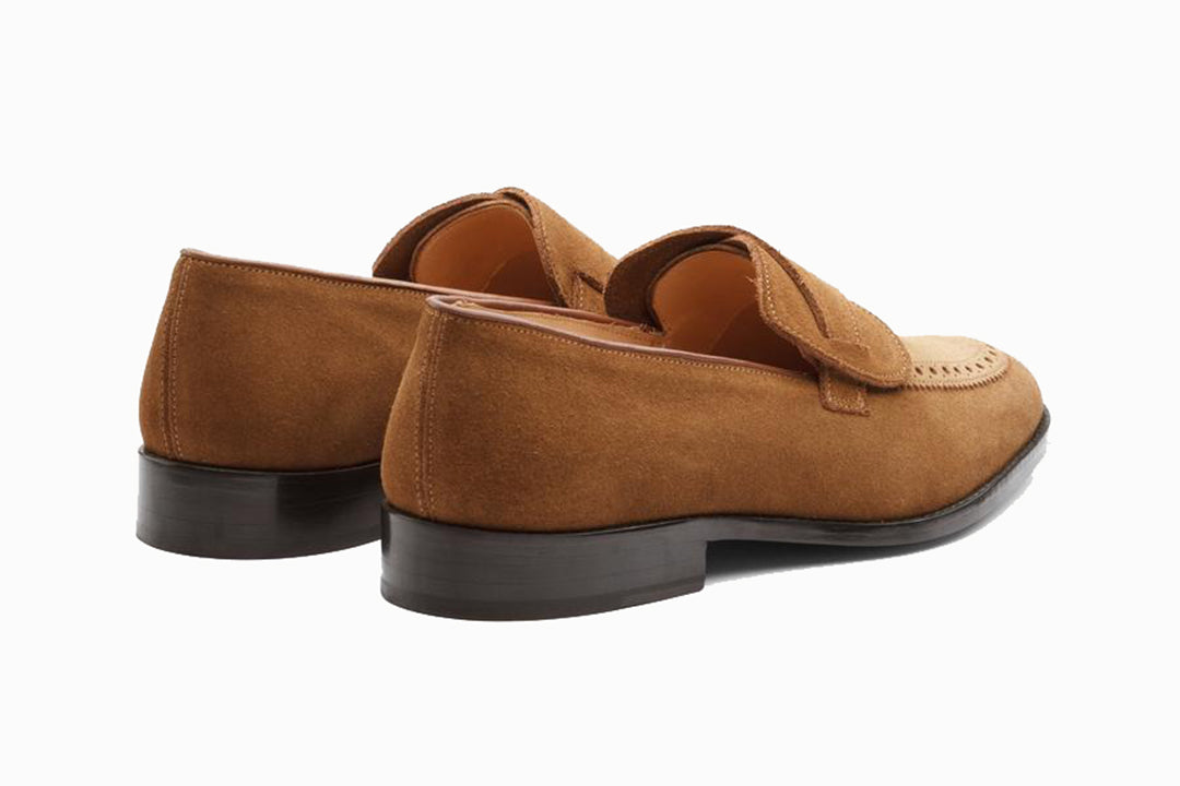 Tan Leather Suede Formal Penny Loafer Slip On Shoes for Men with Leather Sole. Goodyear Welted Construction Available.