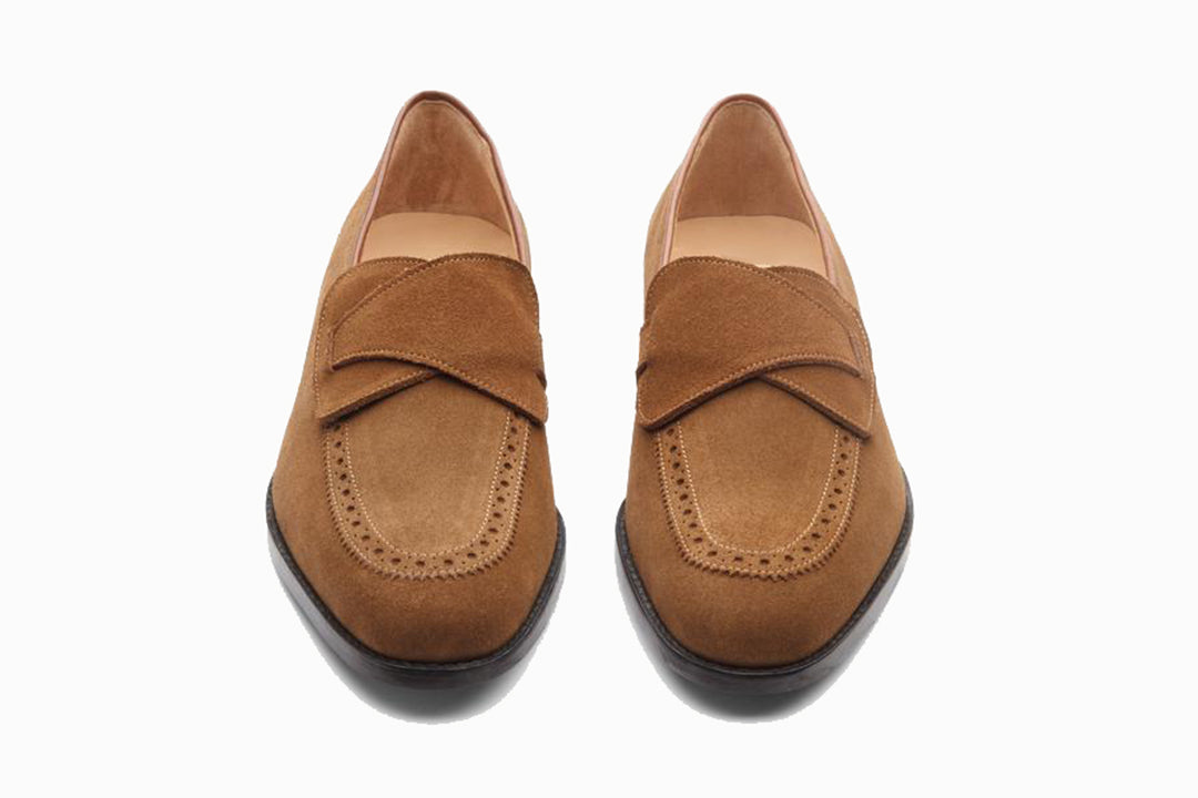 Tan Leather Suede Formal Penny Loafer Slip On Shoes for Men with Leather Sole. Goodyear Welted Construction Available.