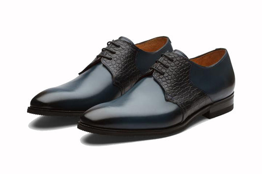 Navy Blue Black Croco Print Exotic Skin Leather Formal Derby Lace Up Shoes for Men with Leather Sole. Goodyear Welted Construction Available.