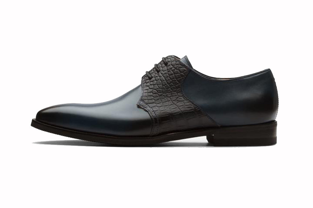 Navy Blue Black Croco Print Exotic Skin Leather Formal Derby Lace Up Shoes for Men with Leather Sole. Goodyear Welted Construction Available.