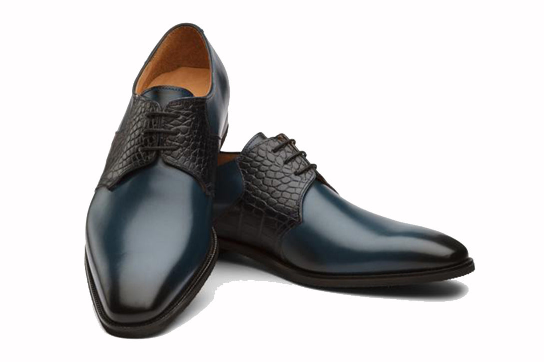 Navy Blue Black Croco Print Exotic Skin Leather Formal Derby Lace Up Shoes for Men with Leather Sole. Goodyear Welted Construction Available.
